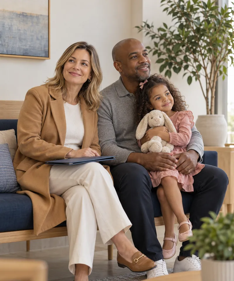 Família aguardando a consulta na sala de espera da clínica (imagem ilustrativa)