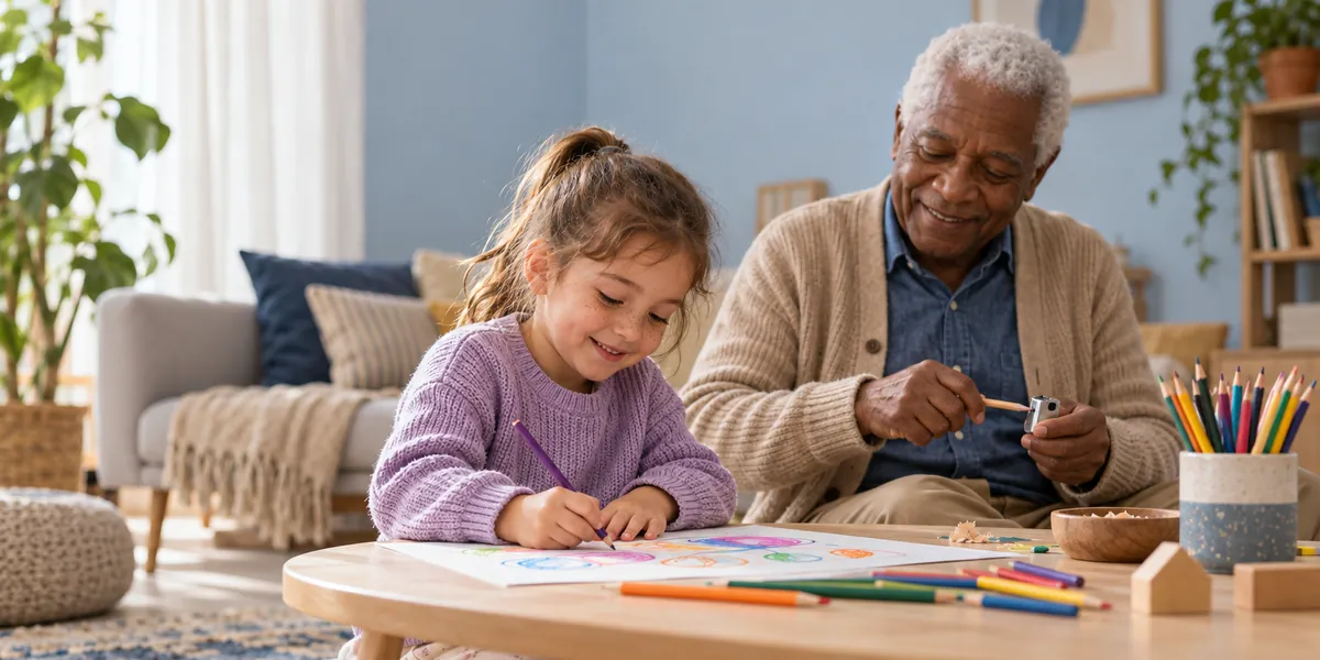 Menina desenhando concentrada com o avô ao lado (imagem ilustrativa)