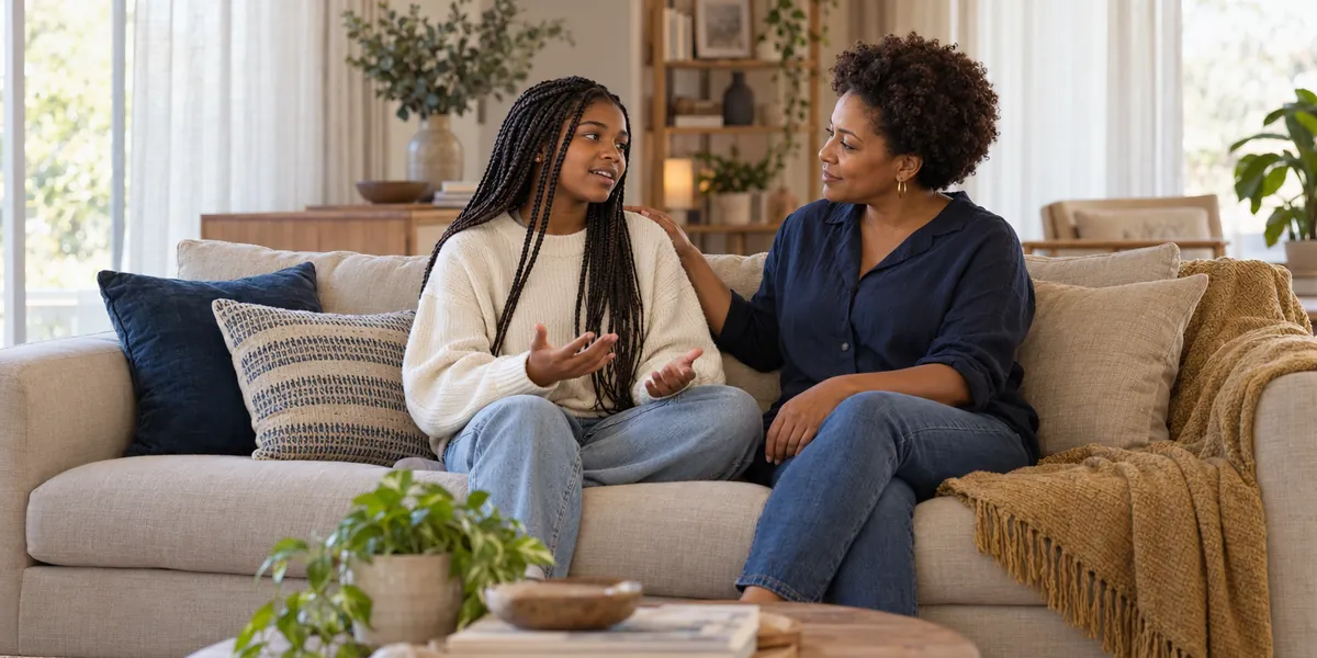 Adolescente conversando com a mãe no sofá da sala (imagem ilustrativa)