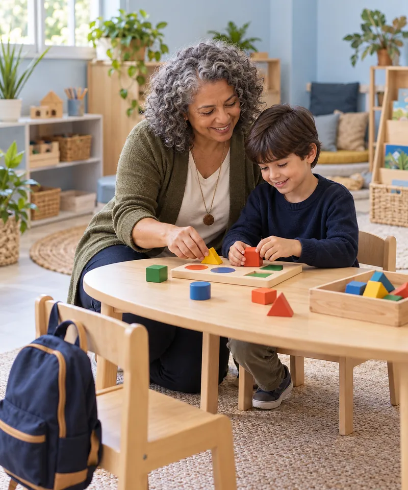 Professora ajudando um menino em atividade com peças de madeira na escola (imagem ilustrativa)