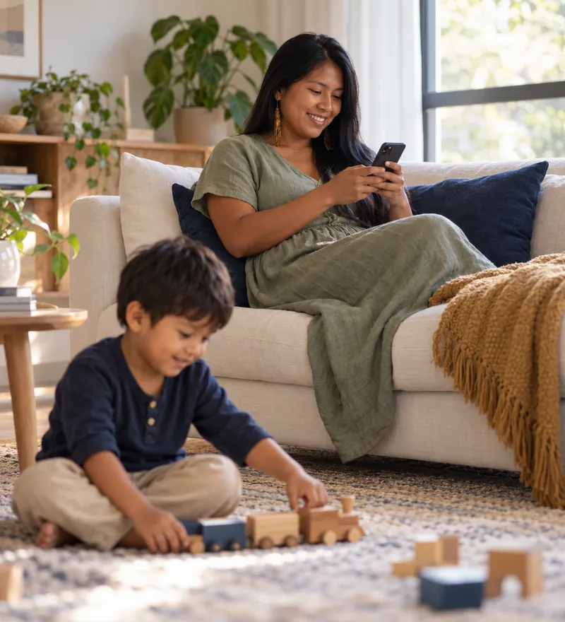 Mãe mandando mensagem pelo celular com o filho brincando no tapete (imagem ilustrativa)