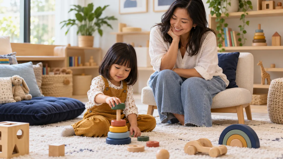 Criança brincando no tapete do consultório com a mãe ao lado (imagem ilustrativa)