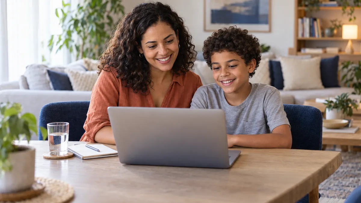 Mãe e filho em videochamada no notebook, em casa (imagem ilustrativa)