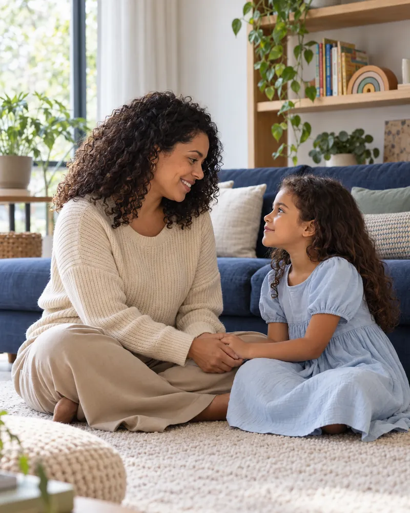 Mãe sentada no tapete conversando com a filha pequena na sala de casa (imagem ilustrativa)