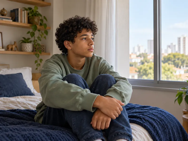 Adolescente pensativo sentado na cama olhando pela janela (imagem ilustrativa)