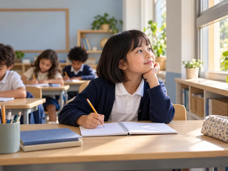 Menina distraída olhando pela janela durante a aula (imagem ilustrativa)