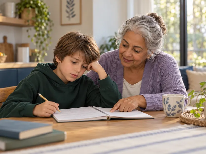 Menino fazendo lição de casa com a ajuda da avó na mesa da cozinha (imagem ilustrativa)