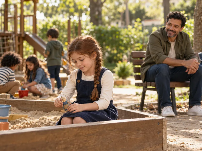 Menina brincando sozinha na caixa de areia, com o pai observando do banco (imagem ilustrativa)