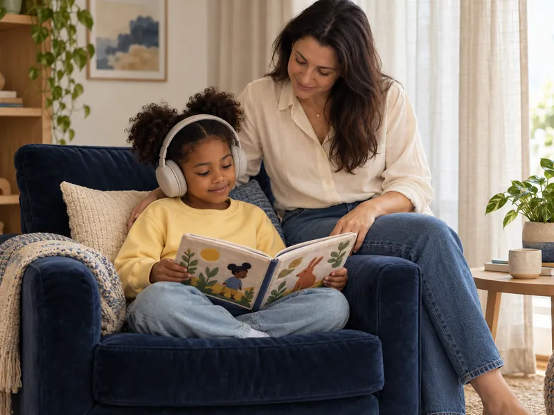 Menina com abafador de ruído lendo um livro ao lado da mãe (imagem ilustrativa)