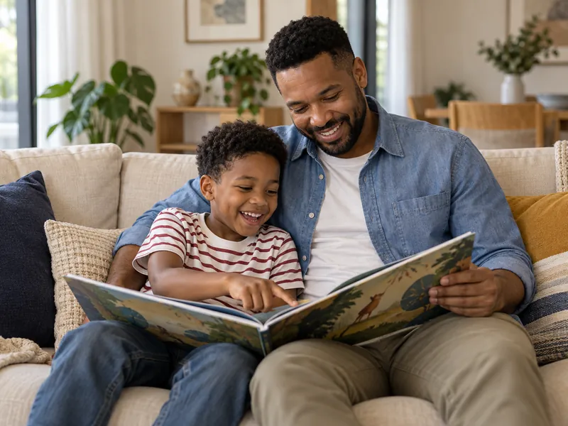 Pai e filho lendo um livro ilustrado juntos no sofá (imagem ilustrativa)