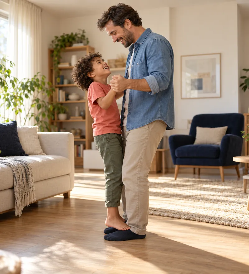 Menino rindo enquanto dança com o pai na sala de casa (imagem ilustrativa)